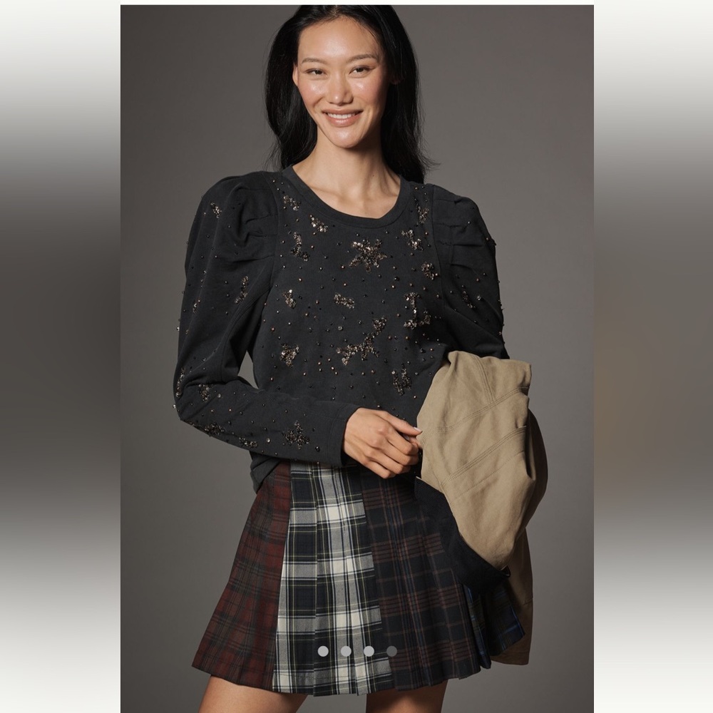 Pilcro Charcoal Black Puff-Sleeve Embellished Top